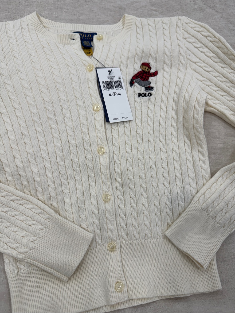 Polo by Ralph Lauren Cream Cable Knit Cardigan with Bear Patch - Picture 3 of 3
